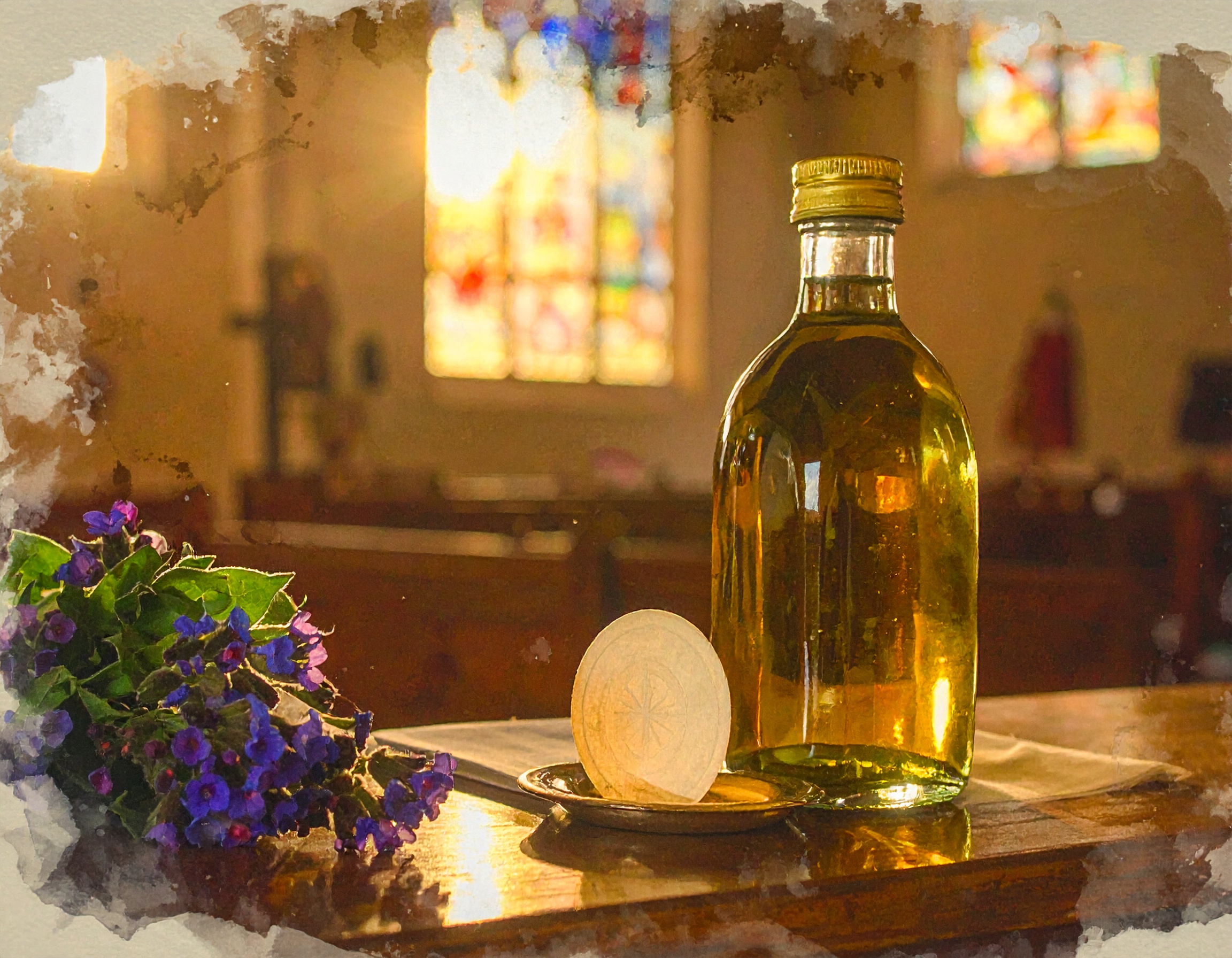 photo of communion wafer and bottle of oil on an altar in a church setting