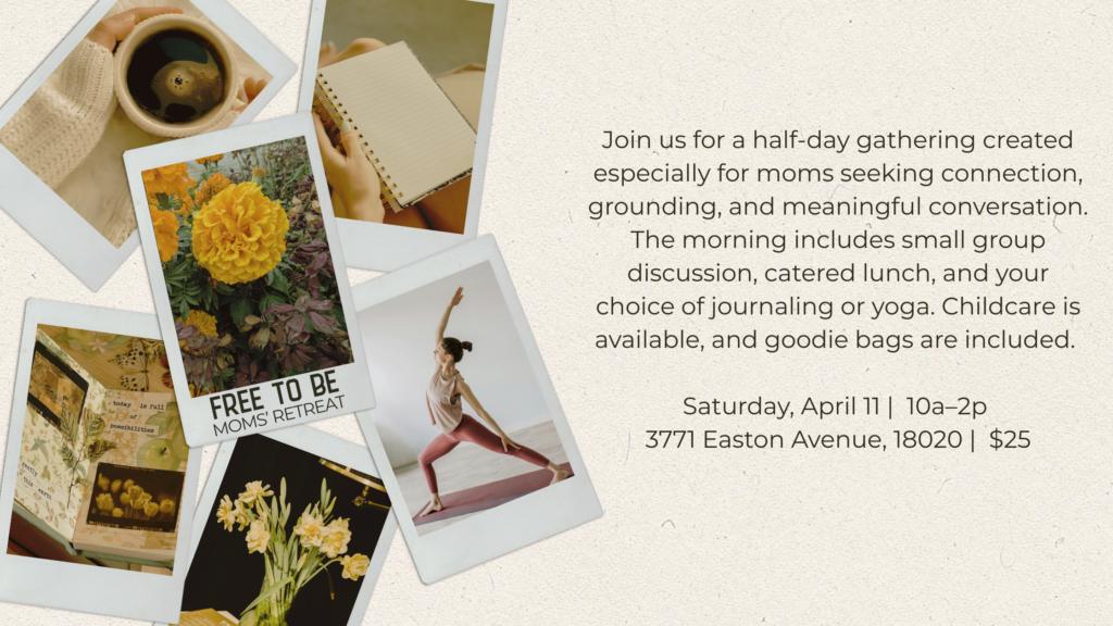 Join us for a half-day gathering created especially for moms seeking connection, grounding, and meaningful conversation. The morning includes small group discussion, catered lunch, and your choice of journaling or yoga. Childcare is available, and goodie bags are included.