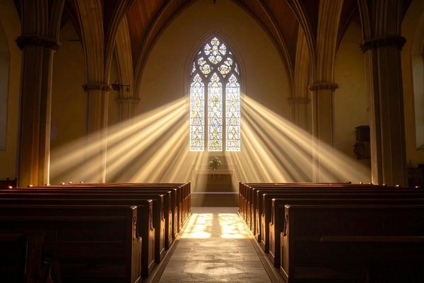 Sunlight streams through a large stained-glass window in a church, illuminating the pews and aisle.