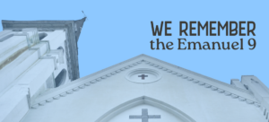 The background shows the exterior of Mother Emanuel AME Church of Charleston, South Carolina.