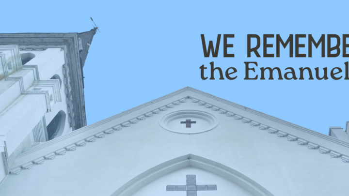 The background shows the exterior of Mother Emanuel AME Church of Charleston, South Carolina.
