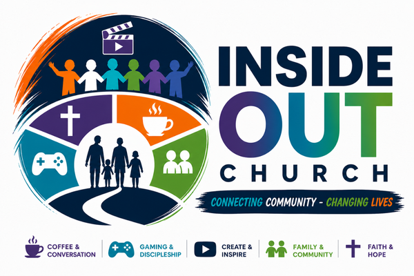 Colorful InsideOut Church logo featuring a family walking along a path surrounded by icons representing worship, community, creativity, gaming, and fellowship, reflecting the ministry's mission of connecting community and changing lives.