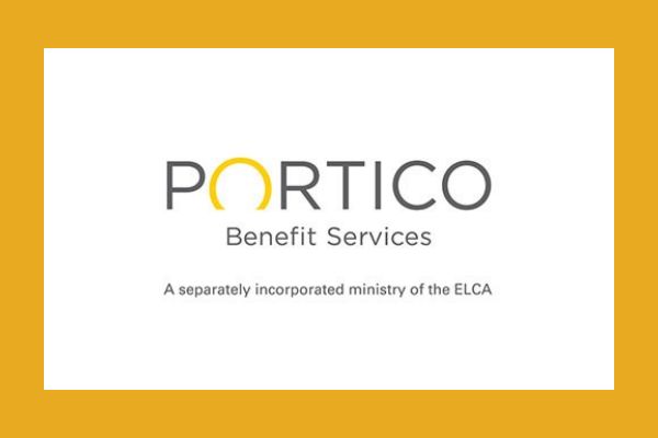Logo reading “PORTICO” with a yellow circular doorway in the letter O, beneath it “Benefit Services,” and a tagline: “A separately incorporated ministry of the ELCA.”